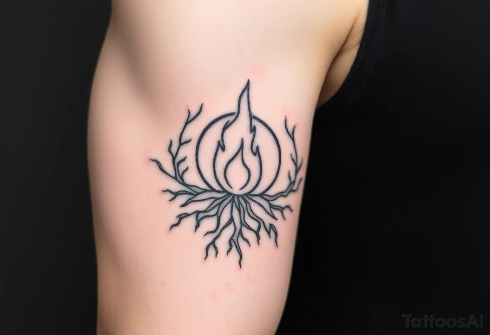 a round flame imprisoned in a roots circle tattoo idea