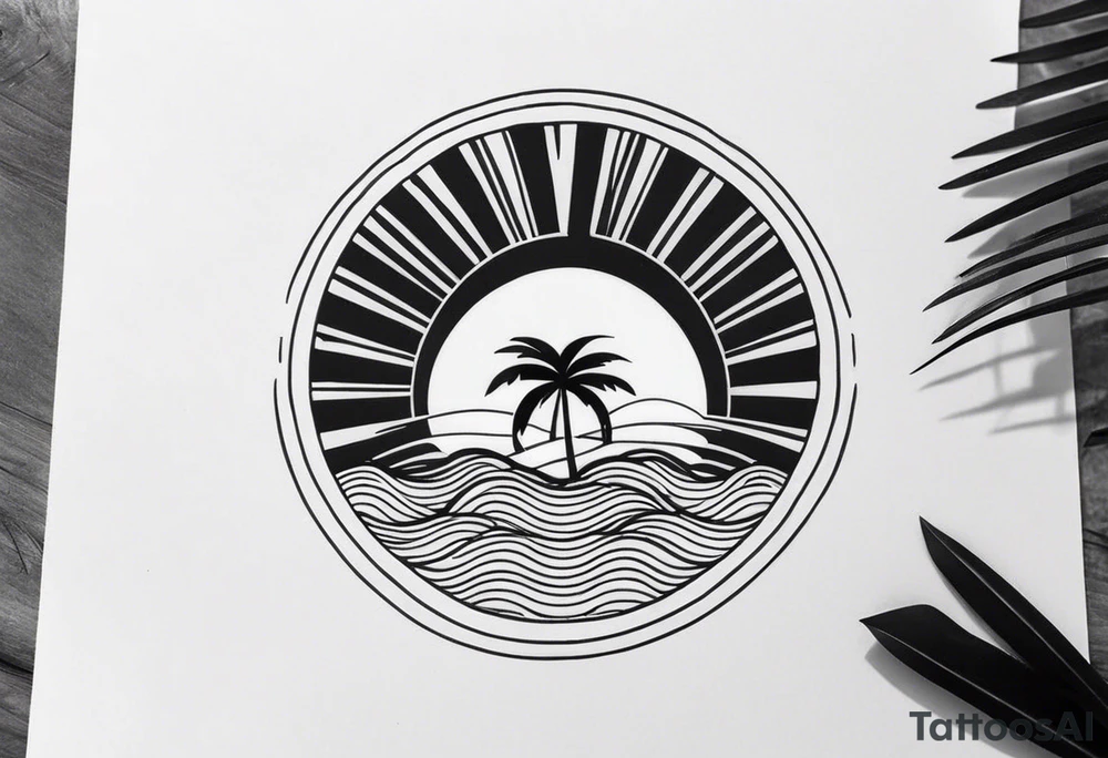 palm tree front of a sun and waves tattoo idea