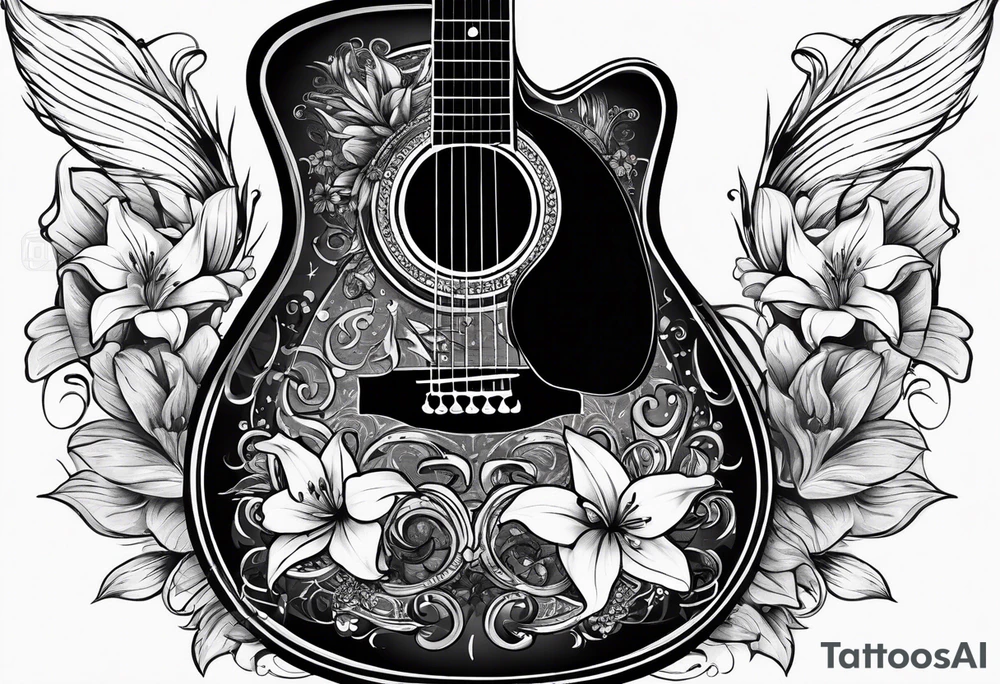 black acoustic guitar wrapped with lilies, with a simple black star on the guitar body. tattoo idea