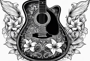 black acoustic guitar wrapped with lilies, with a simple black star on the guitar body. tattoo idea