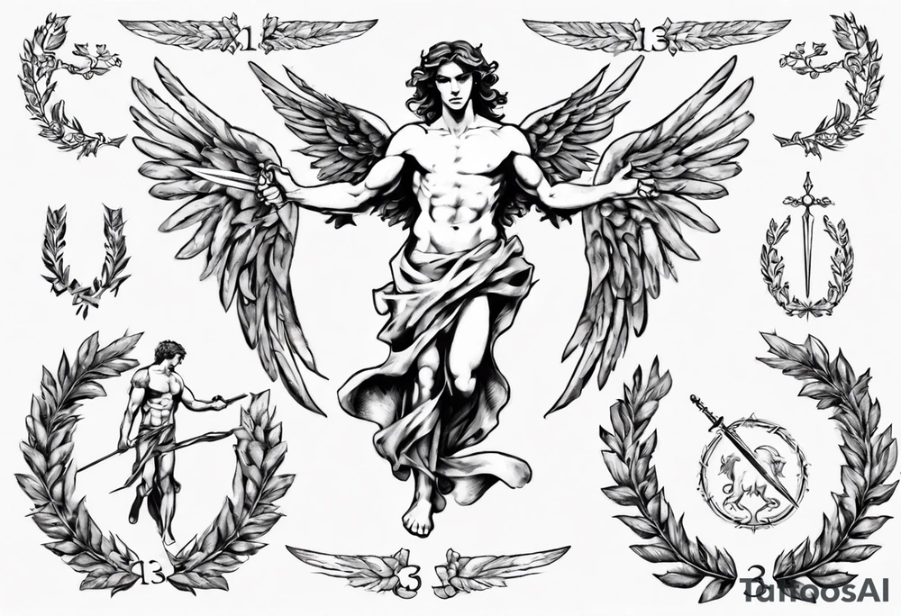 number 13, a laurel leaf wreath, and a Male angel holding sword tattoo idea