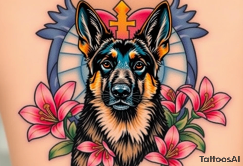 realistic german shepherd with alert ears looking protective surrounded by pink lilies with leaves in front of a sacred heart tattoo idea