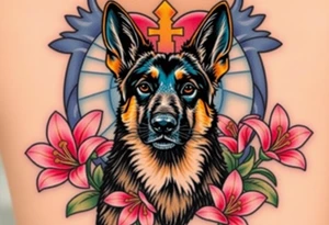 realistic german shepherd with alert ears looking protective surrounded by pink lilies with leaves in front of a sacred heart tattoo idea