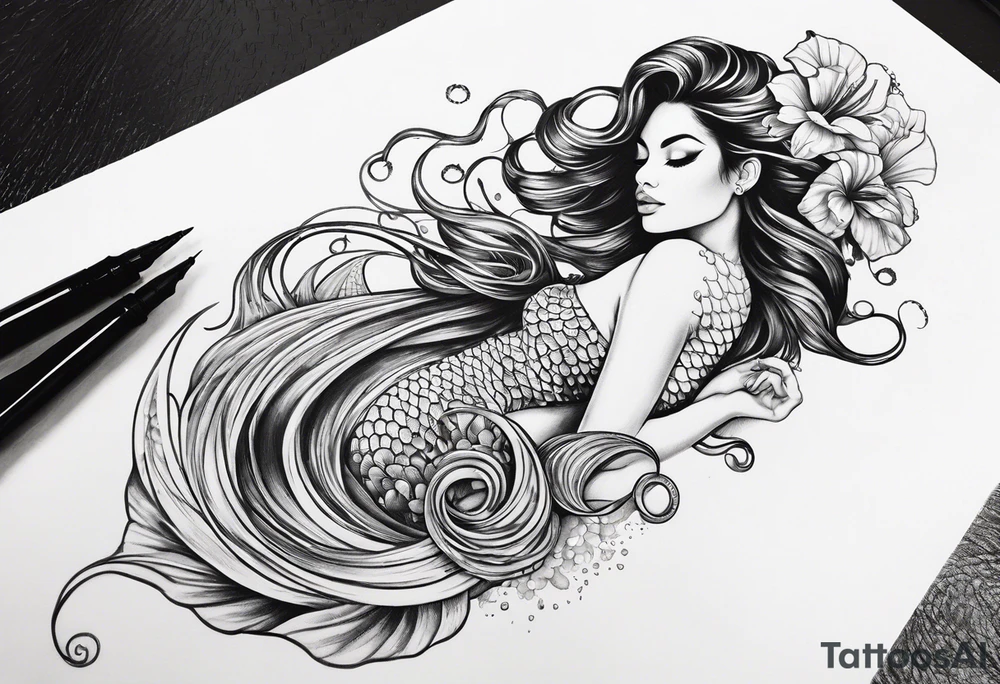 flowing mermaid tail with fan tip tentacles tattoo idea