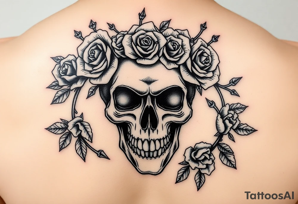 ornate skull adorned with crown of wild roses and thorns tattoo idea