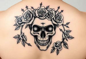 ornate skull adorned with crown of wild roses and thorns tattoo idea