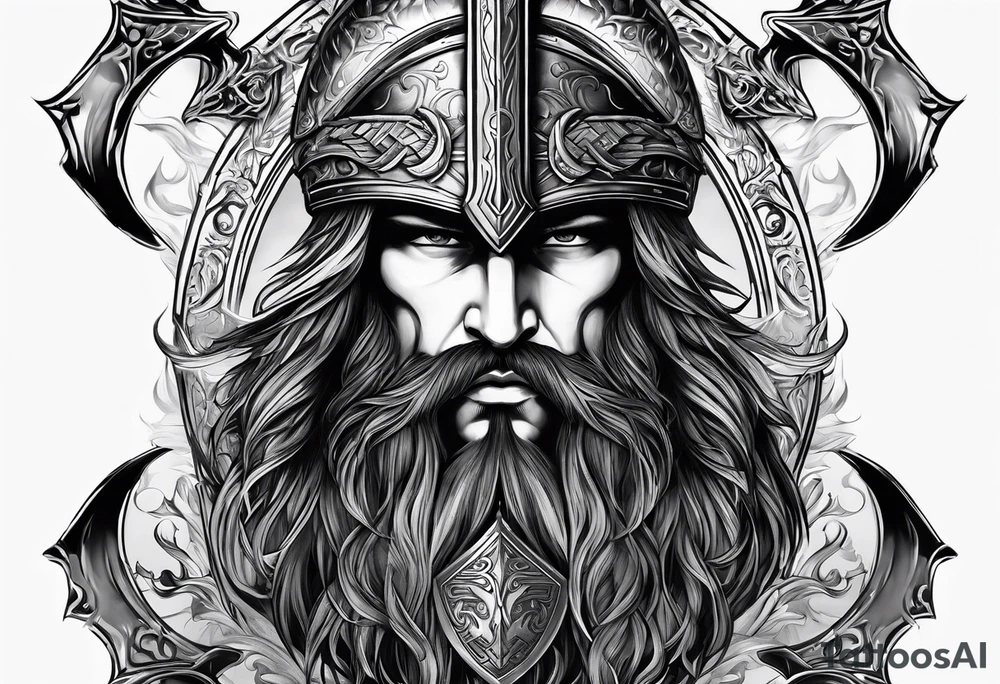 Valhalla sword shield axe mist fog tattoo idea