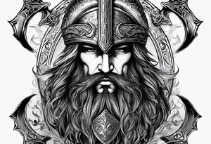 Valhalla sword shield axe mist fog tattoo idea