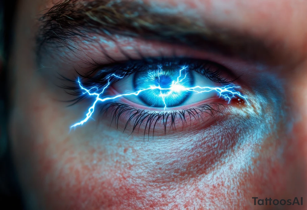 A close-up of Thor’s eye with lightning striking through the iris, in hyper-realism with bright blue and white highlights. tattoo idea