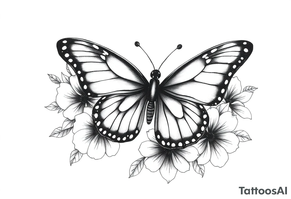 blackink work and shading butterfly with birth flowers around (February birth flower, March birth flower, april birth flower, august birth flower, november birth flowe, september birth flower, december birth flower) tattoo idea