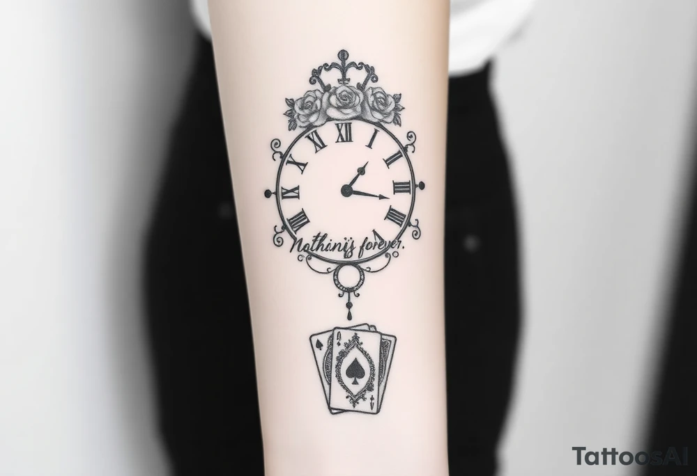 Roman clock with roses and a crown, a quote that says nothings forever. and on the bottom a deck of cards tattoo idea