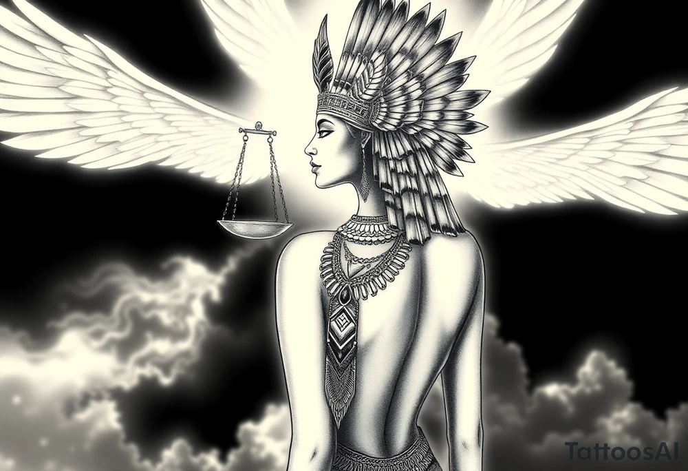 Beautiful Egyptian goddess and elegant body, depicted as a regal woman with an ostrich feather headdress, and intricate ancient Egyptian jewelry, the Anhk necklace. Background includes something similar to heaven, as one is walking into it. Incorporate the Scales of Justice—one side holding a heart, the other Ma’at’s feather—glowing with ethereal energy. Emphasize dramatic lighting, deep shadows, and surreal, mystical atmosphere tattoo idea