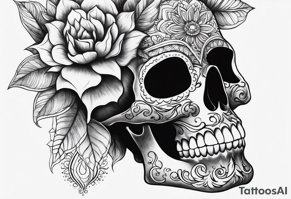 Draw me a skull with smoke out of his mouth add some flowers underneath with some mandalas Down under it tattoo idea
