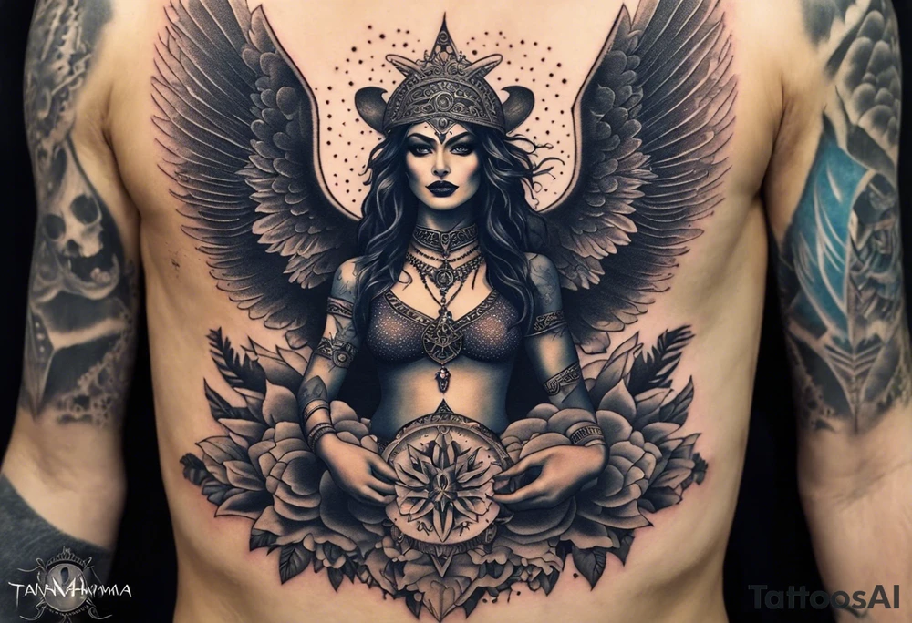 black kali, goddess pirate, alien, angel, pachamama, valkrye, warrior, flying, skull, lotus azul, wing, eagle, zenza resonance, stars, 5D, anahata chakra, death, durga, riding on a tiger, flying lady, chest tatoo tattoo idea