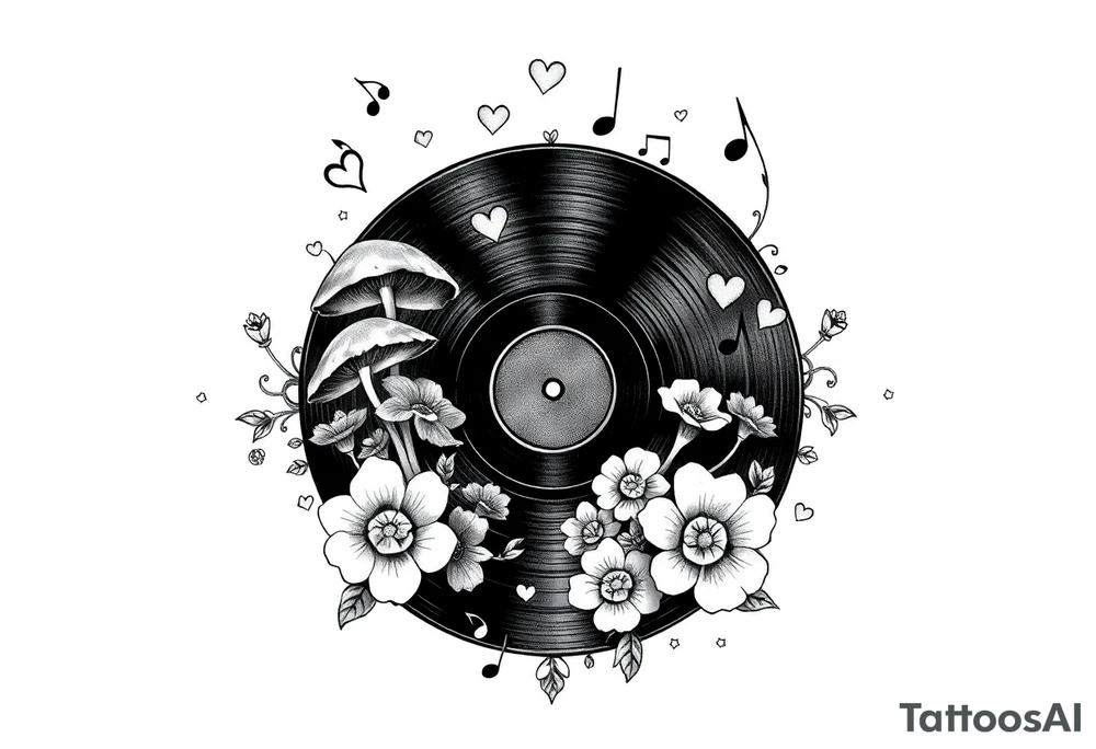vinyl record with mushrooms, flowers, hearts, and music notes tattoo idea