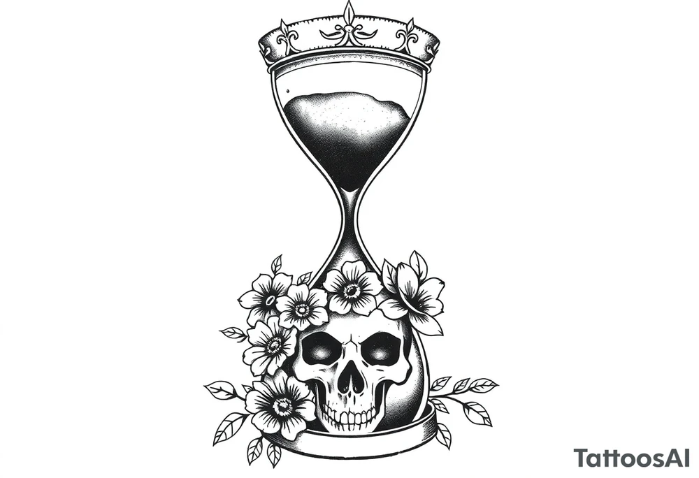 Hourglass with detailed beautiful gothic boho flowers on vine and skull with gorgeous crown tattoo idea