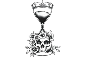 Hourglass with detailed beautiful gothic boho flowers on vine and skull with gorgeous crown tattoo idea