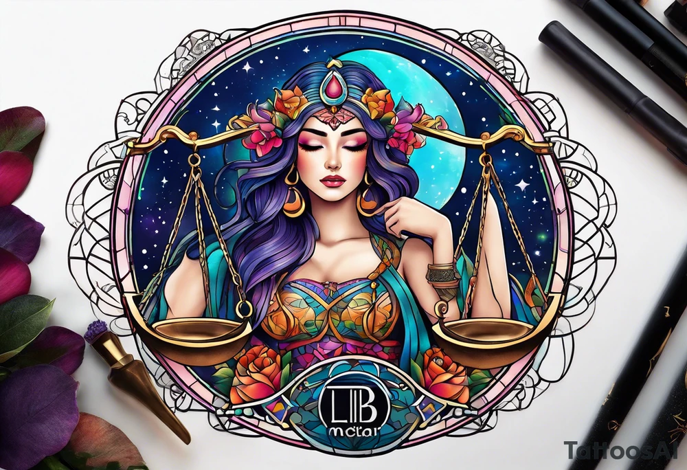Libra woman holding scales with a night zodiac background including a half moon that encircles half of the woman with vibrant colors tattoo idea