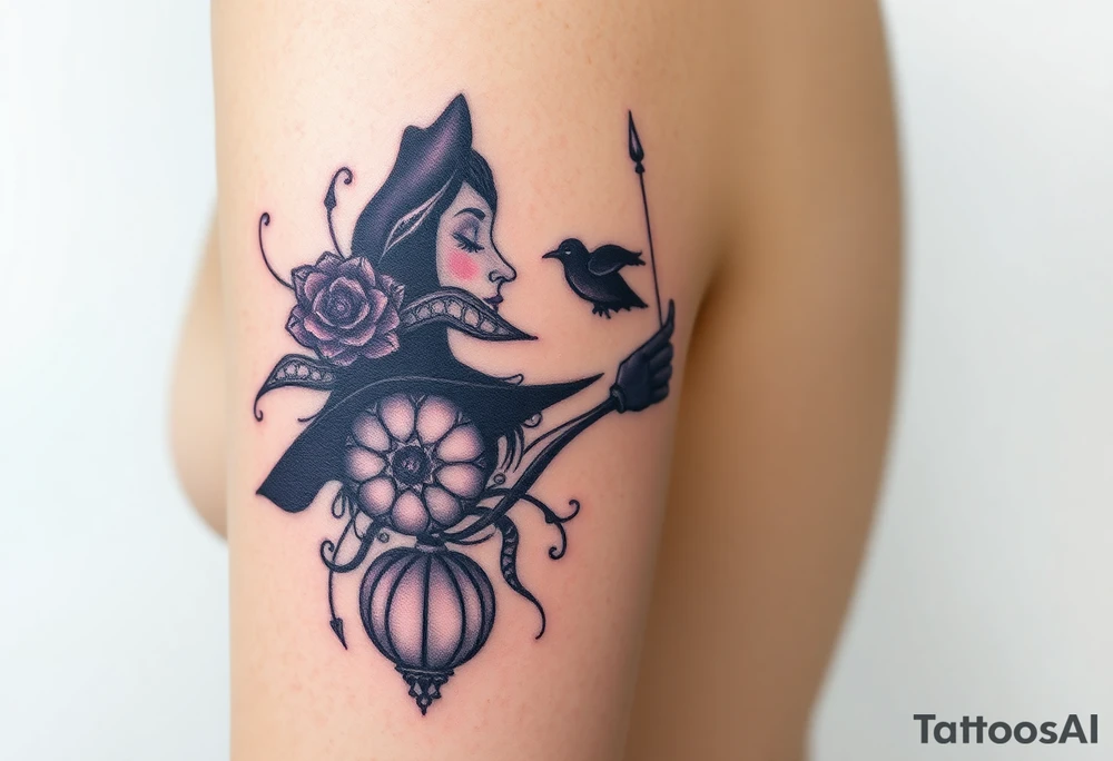 A witches portrait with purple accents and halloween ornaments tattoo idea