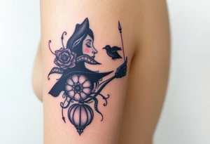 A witches portrait with purple accents and halloween ornaments tattoo idea