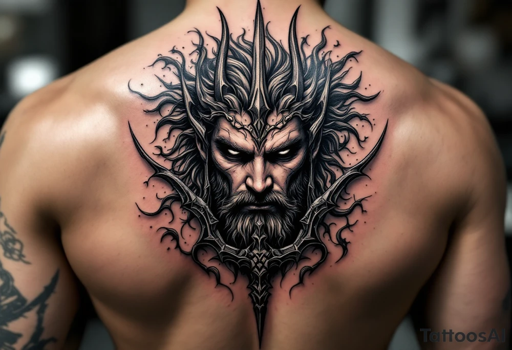 gay poseidon face behind trident tattoo idea