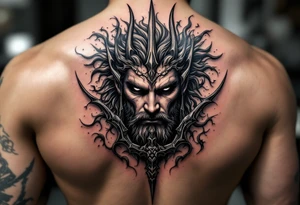 gay poseidon face behind trident tattoo idea