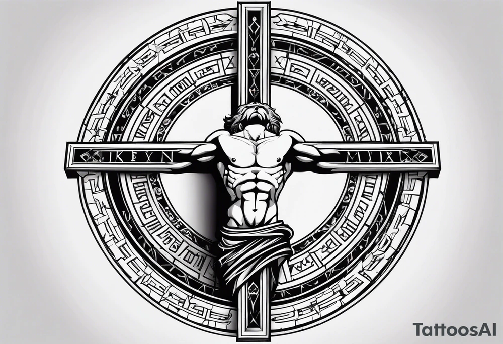 Crucified man inside a circle of Roman numerals with roman numerals on it tattoo idea