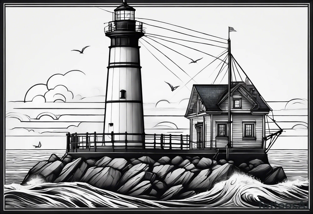 maritime lighthouse in a front view sailboat serving as a mast for a sail. tattoo idea