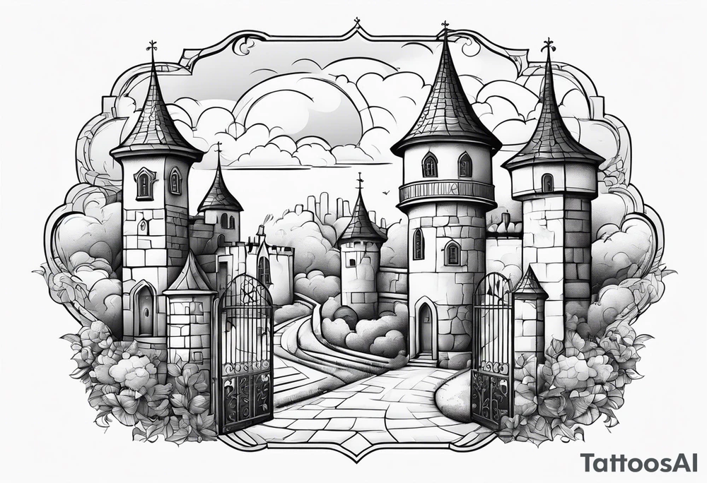 sky medieval town garden with towers small houses gate entrance 
 in rounded vignette surrounded by clouds tattoo idea