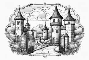 sky medieval town garden with towers small houses gate entrance 
 in rounded vignette surrounded by clouds tattoo idea