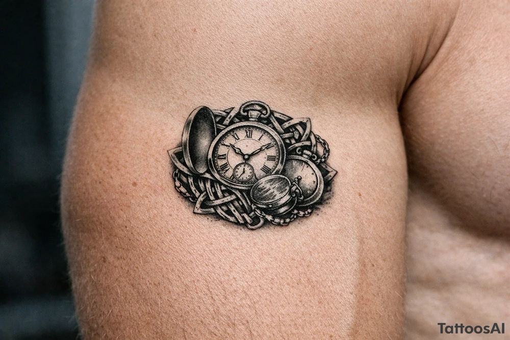 Cluster of open and closed pocket watches entwined with Celtic knotwork, realism style. tattoo idea