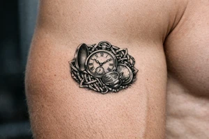 Cluster of open and closed pocket watches entwined with Celtic knotwork, realism style. tattoo idea