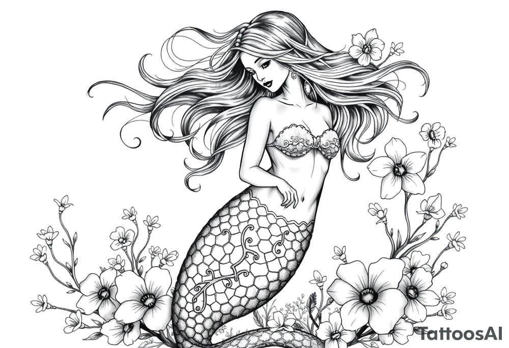ethereal mermaid with flowing hair among coral and sea flowers tattoo idea