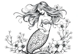 ethereal mermaid with flowing hair among coral and sea flowers tattoo idea
