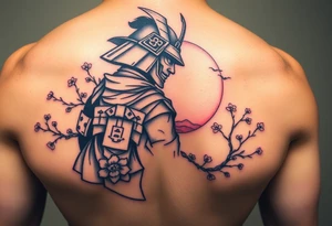 noble samurai warrior silhouette at sunset with cherry blossoms tattoo idea