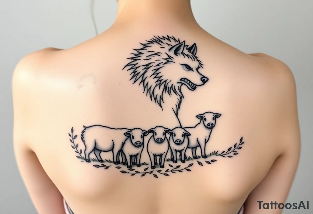 nursery rhyme big bad wolf disguised as sheep to eat the pigs
Farm and three little pigs and sheep tattoo idea
