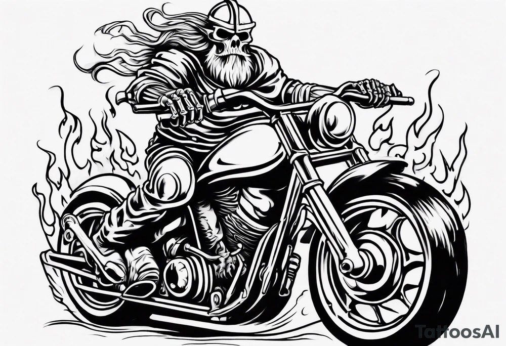 A viking skeleton riding a motorcycle with flames front view and a big viking in the background tattoo idea
