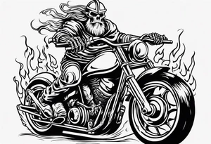 A viking skeleton riding a motorcycle with flames front view and a big viking in the background tattoo idea