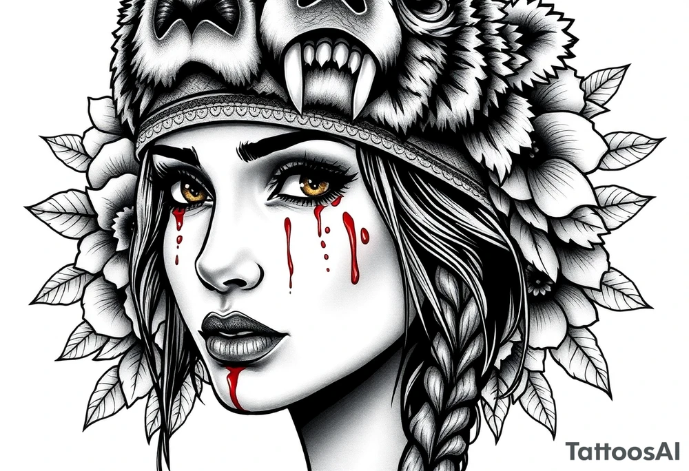 Symmetrical Beautiful Woman, looking forward, with colored eyes, shedding a tear, with battle scars and blood on face, with soft look, wearing a mean looking bear headdress on head, with flower background tattoo idea