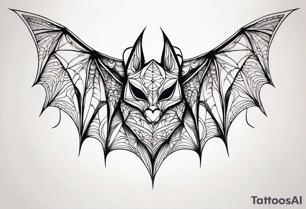 Bat, cat Head, upside down, wings made of spider web, wings wide open tattoo idea