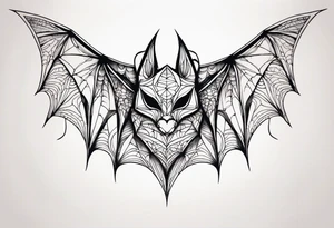 Bat, cat Head, upside down, wings made of spider web, wings wide open tattoo idea