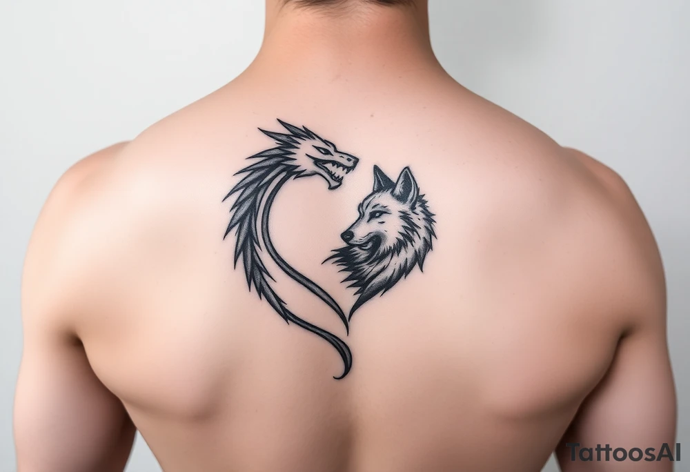 A dragon and a wolf in the shape of a heart tattoo idea