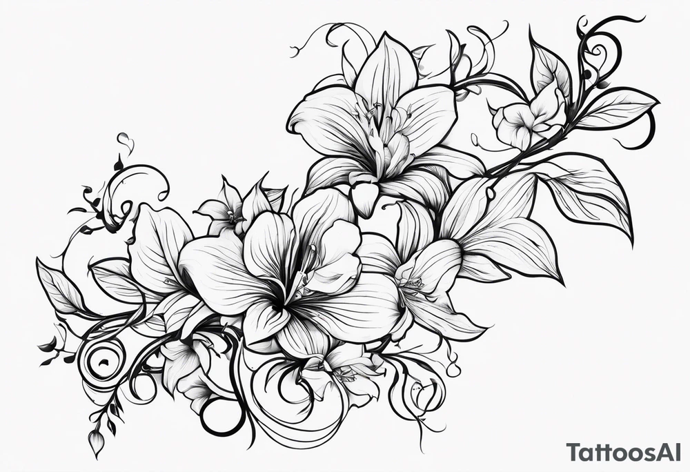 Flower and vine tattoo on upper left back climbing over the shoulder and towards the chest. Flowers should be Lilys, orchids, and dandelions. tattoo idea