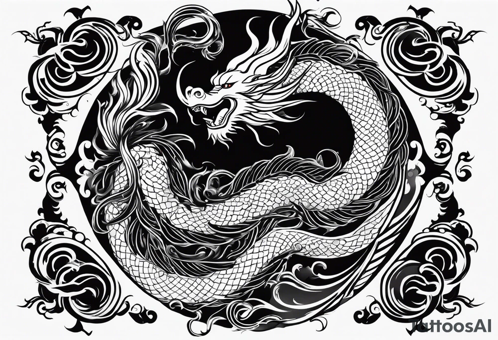 Spiral fire breathing chinese year of dragon tail with body and head extruding dimensionally up and outward. tattoo idea