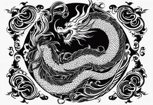 Spiral fire breathing chinese year of dragon tail with body and head extruding dimensionally up and outward. tattoo idea