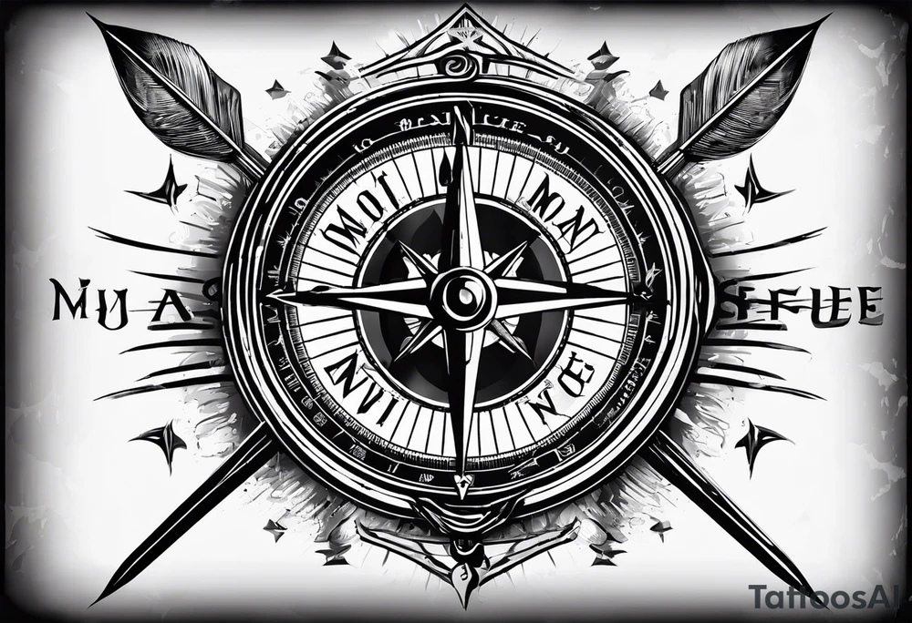 vintage compass with guy faux mask integrated. Slashed lettering for the navigational directions and long fencing swords as the arrows tattoo idea
