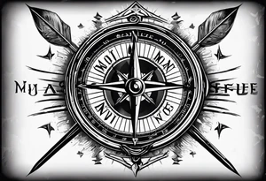 vintage compass with guy faux mask integrated. Slashed lettering for the navigational directions and long fencing swords as the arrows tattoo idea