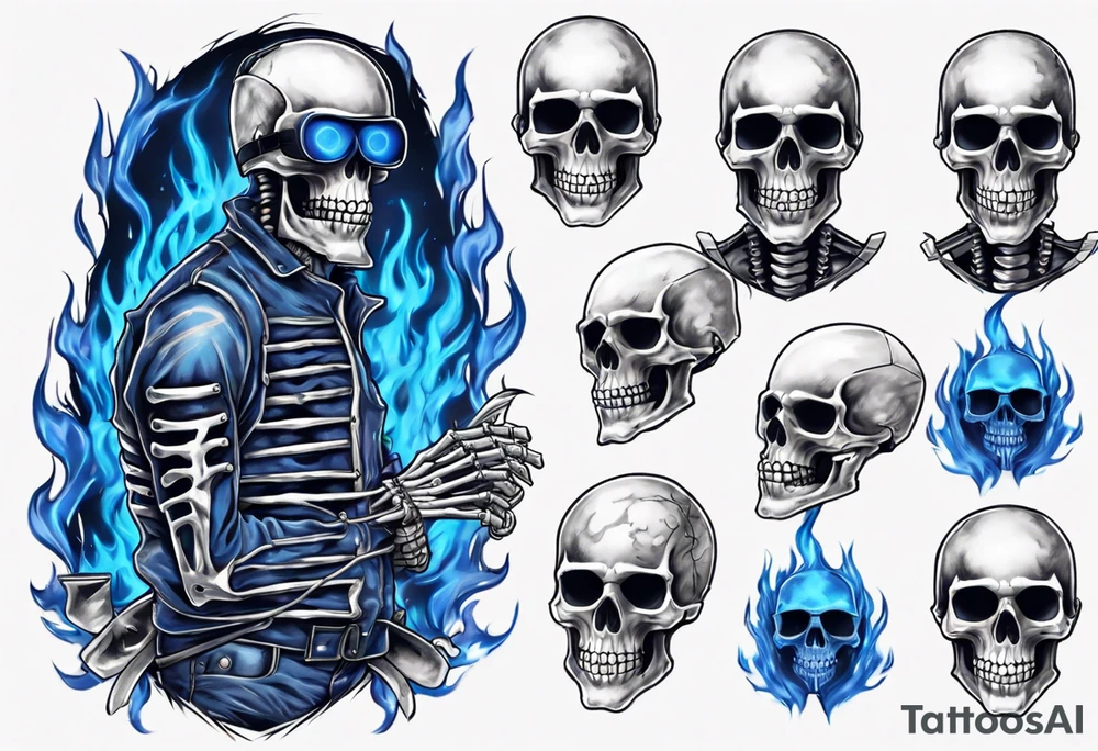 A skeleton welding with blue fire behind, with a welding mask tattoo idea
