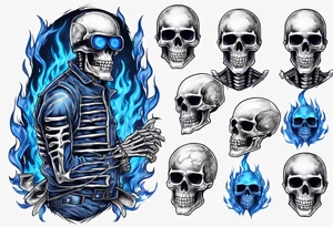 A skeleton welding with blue fire behind, with a welding mask tattoo idea