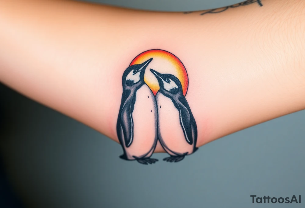 Penguins cuddling each other, looking away towards a sunset tattoo idea